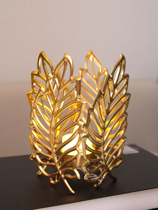 1pc Golden Metal Tree Leaf Design Candle Holder For Home Decoration, Living Room, Dining Table
