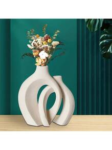 2pcs/set White Ceramic Vase In Boho Style, Simple Modern Style Donut-shaped Vase For Living Room,
