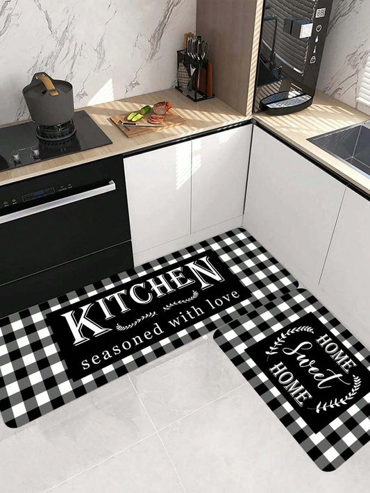 1pc Plaid Black Bottom Letter Kitchen Rug, Bathroom Doormat, Bedroom Carpet, Floor Mat, Room Decor