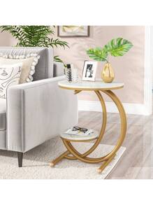 Tribesigns Faux Marble Side Table, Modern 2-Tier Round End Table With C-Shaped Frame, Small Coffee Accent Table For Living Room Bedroom Small Spaces