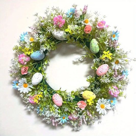 1pc Easter Wreath, Spring Easter Colorful Eggs Wreath For Front Door, Eggs Berries Eucalyptus Leaves Wreath For Door Decor,