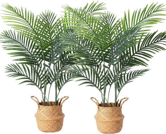 Artificial Areca Palm Plants 3.6Ft Fake Dypsis Lutescens Tree10 Trunks in Pot and Woven Seagrass Belly Basket Perfect Faux Plant