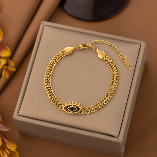 New Design Stainless Steel Black Evil Eye Braided Chain Necklace Bracelet Set for Women