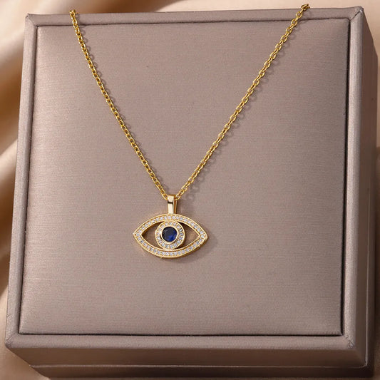 Zircon Evil Eye Pendant Necklace for Women Stainless Steel Lucky Turkish Demon Eye Necklaces 2023 New Trend Aesthetic Jewerly