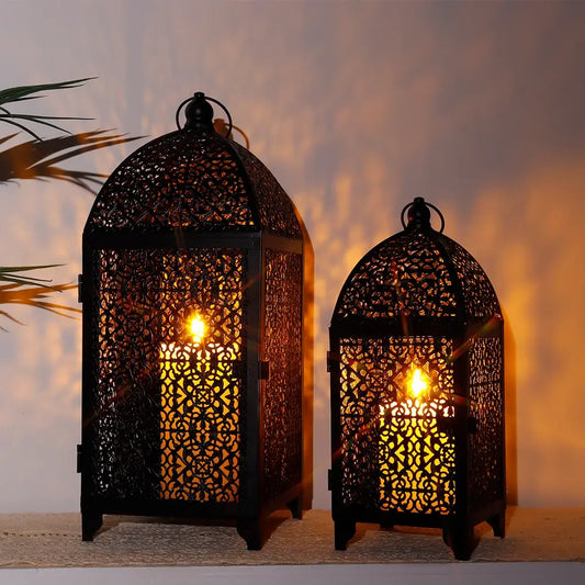 2Pcs Metal Candle Holder Black Candle Lantern Decorative Hanging Lantern with Hollow Pattern for Party Garden Indoors Outdoors