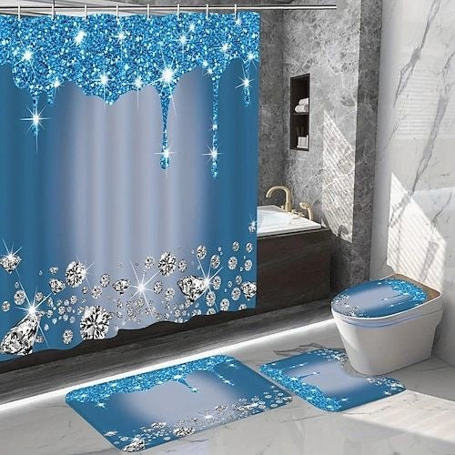 Bathroom Shower Curtain, Sparkling Diamond-Pattern Bathroom Curtain With 12 Hooks, Bathroom Non Slip Rugs,
