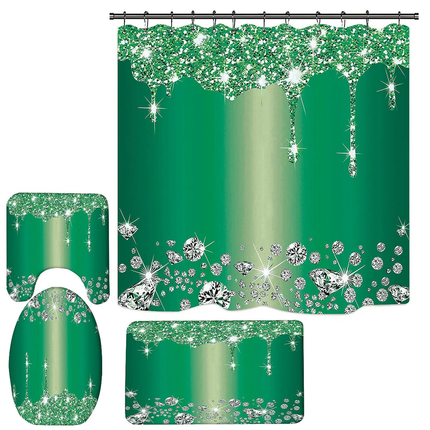 Bathroom Shower Curtain, Sparkling Diamond-Pattern Bathroom Curtain With 12 Hooks, Bathroom Non Slip Rugs,