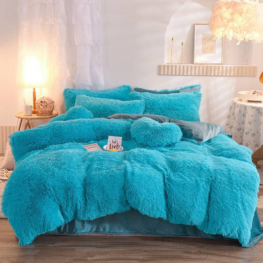 Blue Luxury Thick Fleece Duvet Cover Queen King Winter Warm Bed Quilt Cover Pillowcase Fluffy Plush Shaggy Bedclothes Bedding Set Winter Body Keep Warm