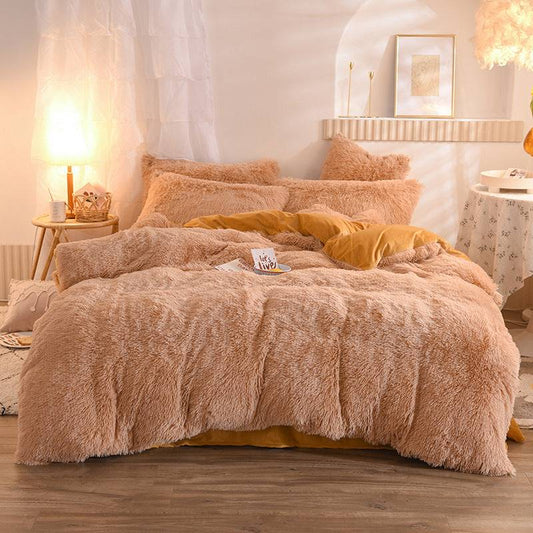 Caramel Luxury Thick Fleece Duvet Cover Queen King Winter Warm Bed Quilt Cover Pillowcase Fluffy Plush Shaggy Bedclothes Bedding Set Winter Body Keep Warm