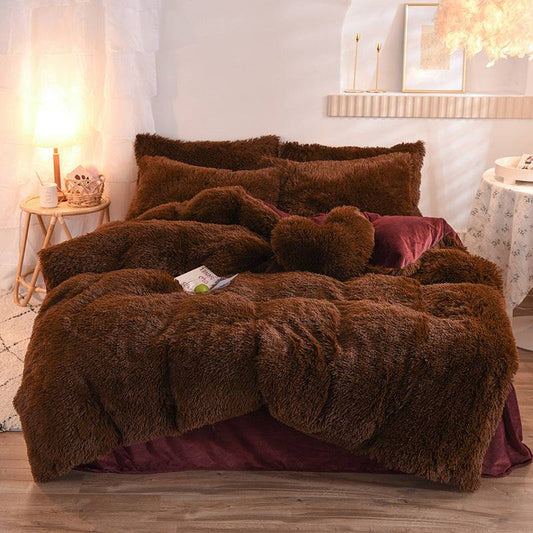Coffee Luxury Thick Fleece Duvet Cover Queen King Winter Warm Bed Quilt Cover Pillowcase Fluffy Plush Shaggy Bedclothes Bedding Set Winter Body Keep Warm