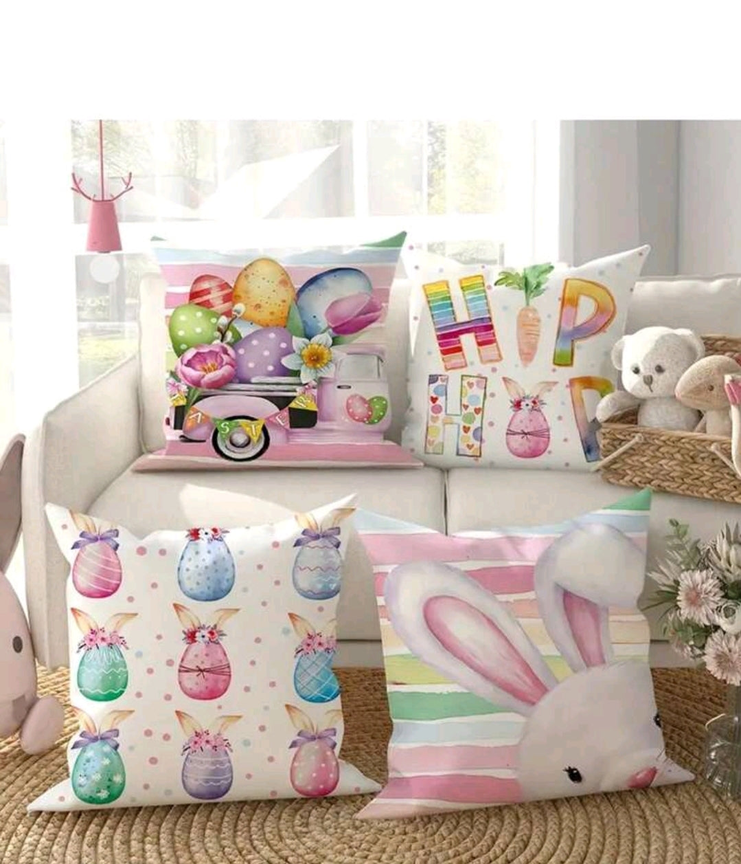 4pcs Easter Bunny & Egg Pattern Pillow Covers, Spring Festival Party Home Decor, For Living Room Sofa, Bedroom Bedside, All Seasons Cushion Cover