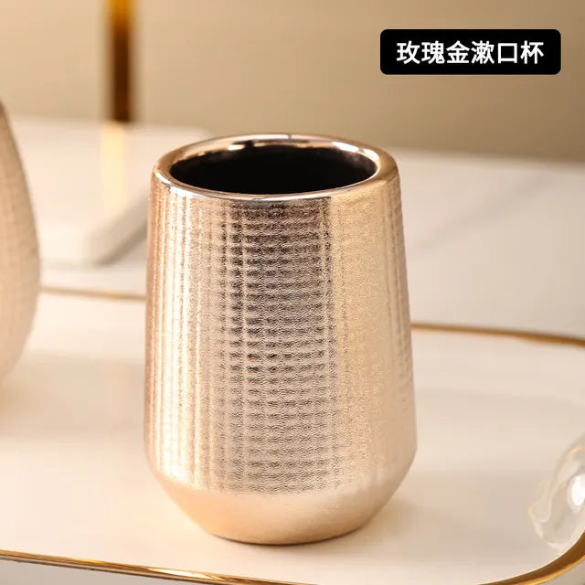 Rose Gold Kit Bathroom Accessories Sets Luxury Complete Ceramic Toilet Soap Dish Toothbrush Holder Shampoo Pump Dispenser Bottle