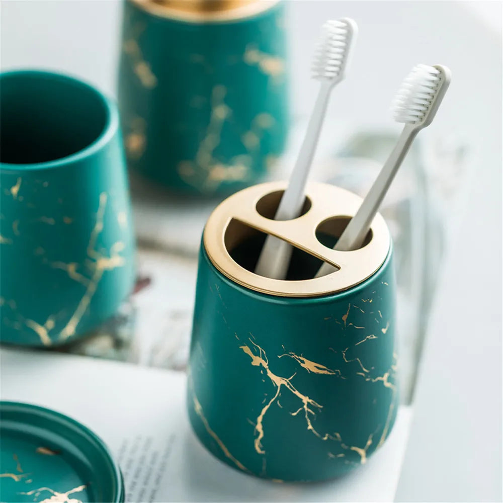 Nordic Marble Pattern Ceramic Soap Dispenser Mouthwash Cup Toothbrush Holder Soap Dish Bath Kit Bathroom Set Accessory Full