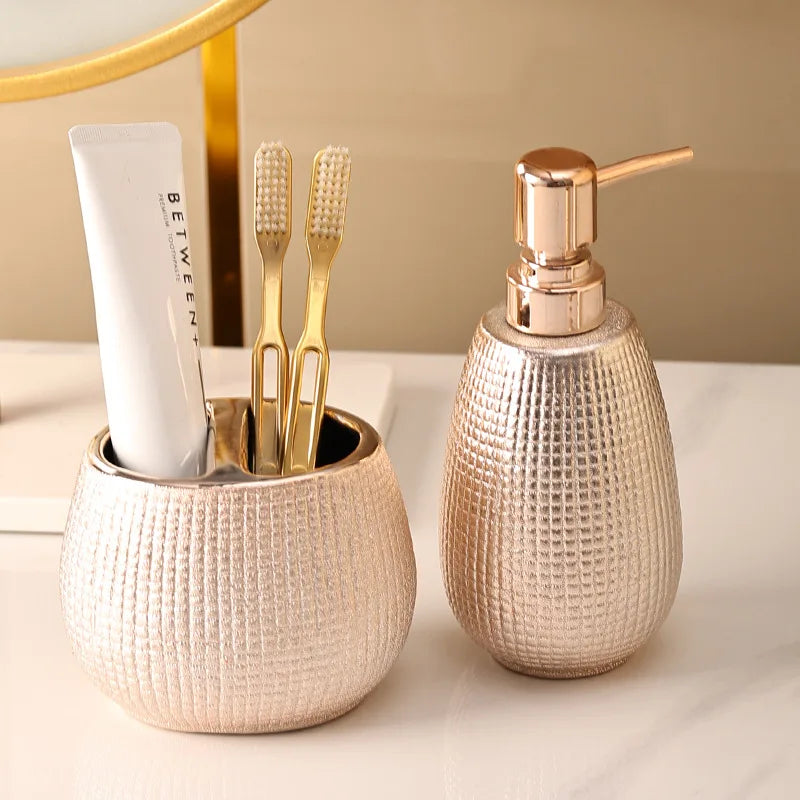 Rose Gold Kit Bathroom Accessories Sets Luxury Complete Ceramic Toilet Soap Dish Toothbrush Holder Shampoo Pump Dispenser Bottle